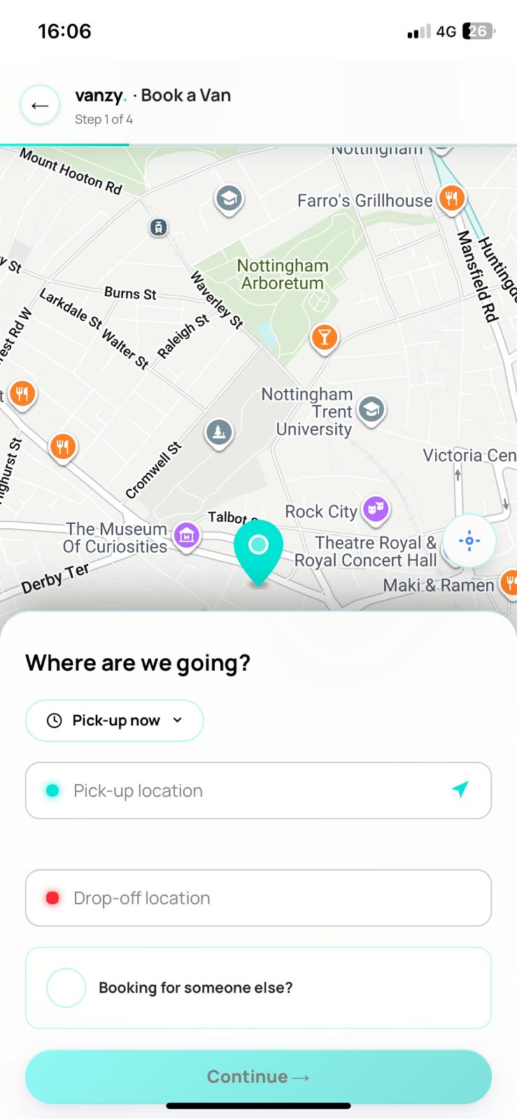 Vanzy booking page showing the live map with pickup pin and address form