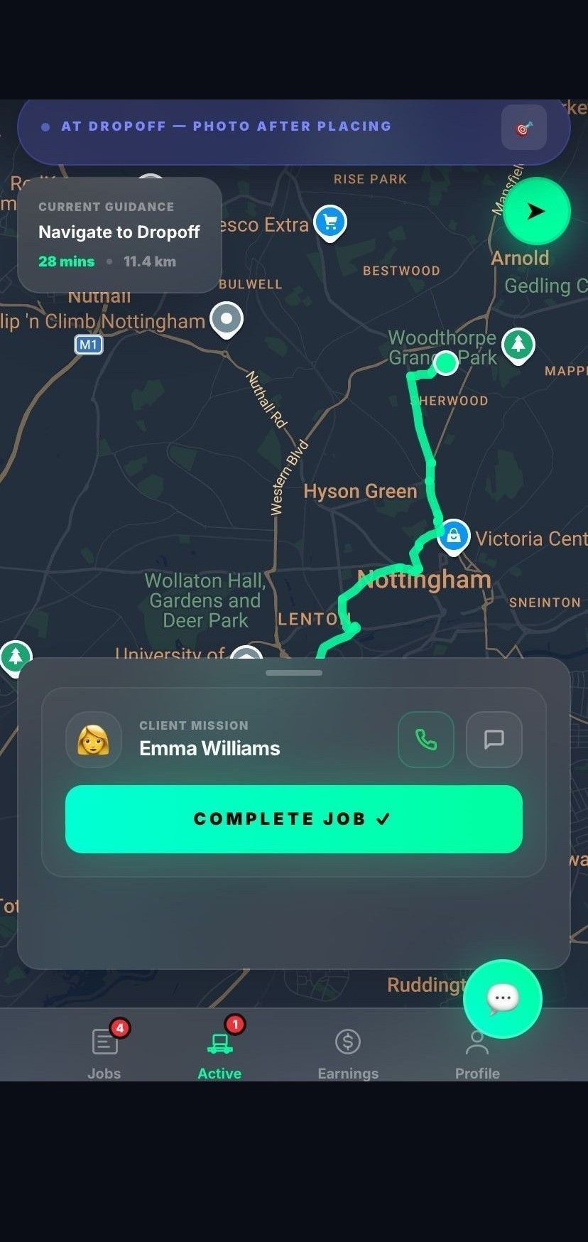 Vanzy driver active job view — live map with route to dropoff, client name Emma Williams, Complete Job button, and current guidance "Navigate to Dropoff 28 mins / 11.4 km"