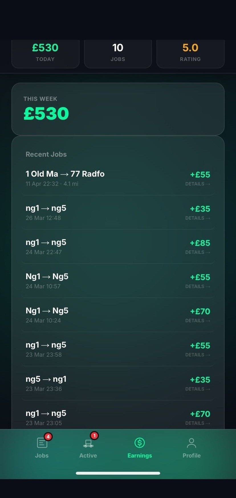 Vanzy driver earnings dashboard showing totals, per-job history, and weekly payout information