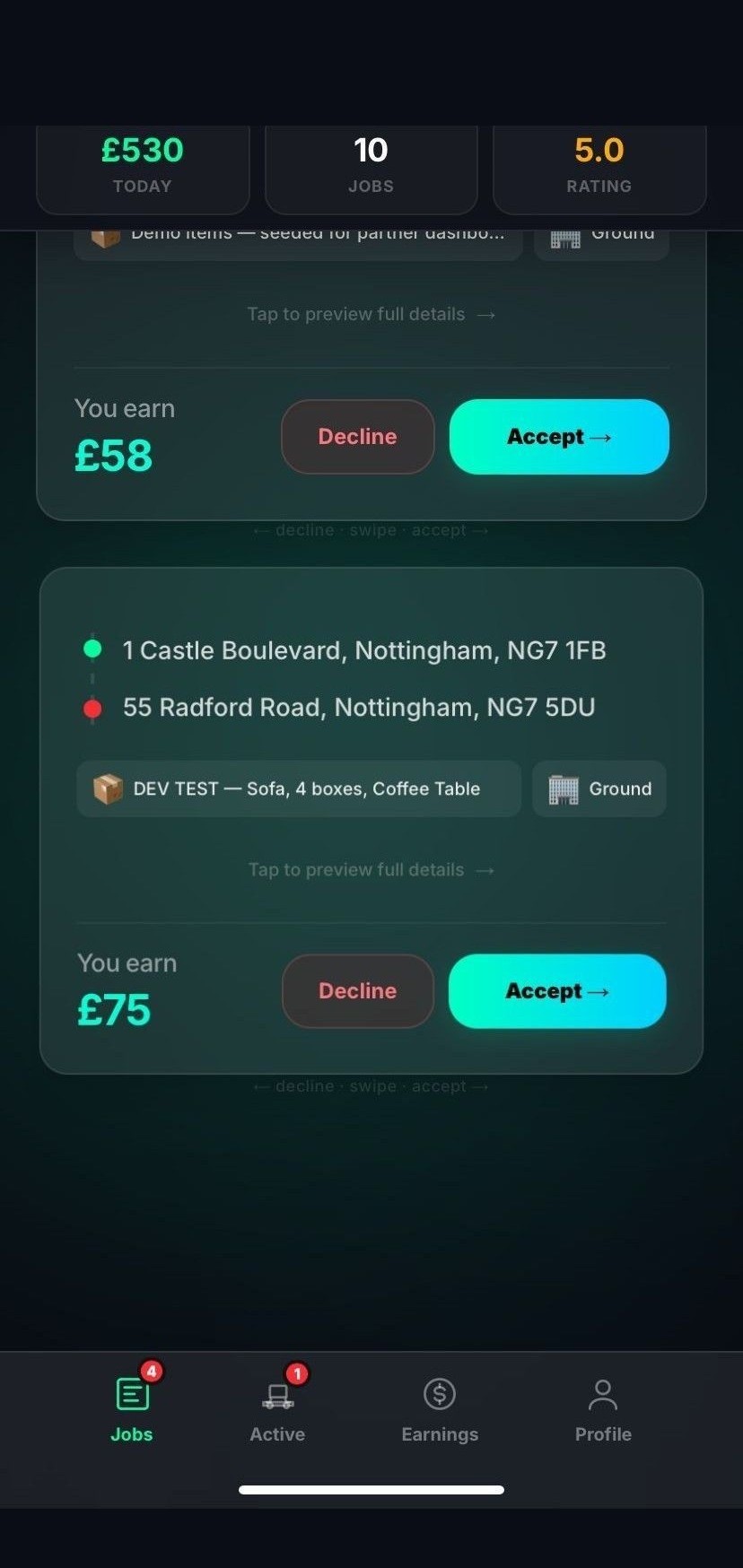 Vanzy driver dashboard showing the Jobs tab with two available jobs, earnings (£58 and £75), full addresses, items, floor, and Accept/Decline buttons