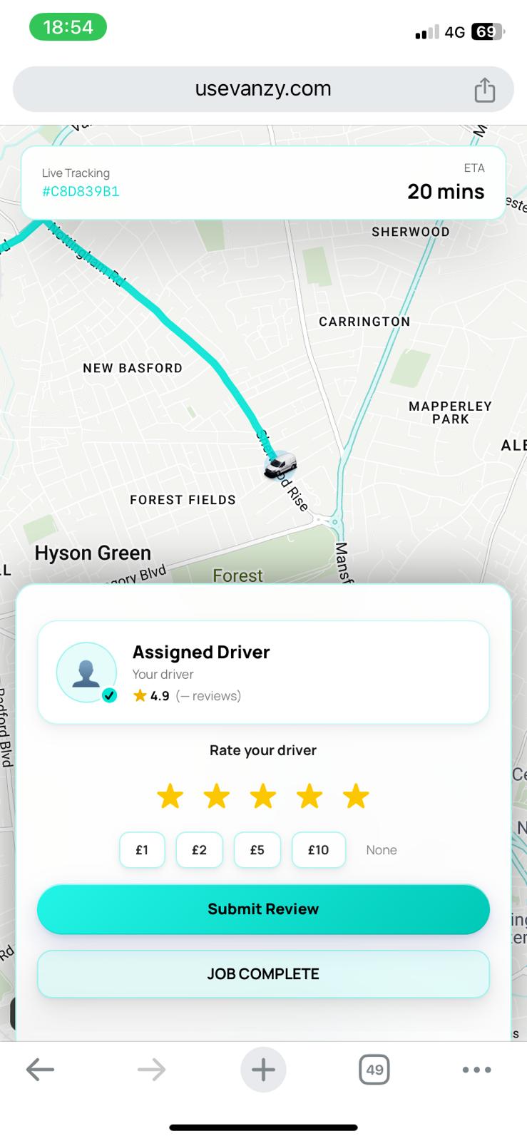 Vanzy rating and tip modal after a completed delivery